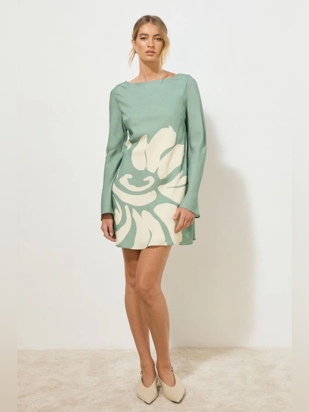 Mon Renn Vestige Sleeved Mini Dress Jade Floral $198 Size Small